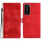 For Huawei P40 Pro Cherry Blossom Butterfly Skin Feel Embossed PU Phone Case(Red) - 1