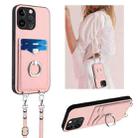 For iPhone 15 Pro Max R20 Crossbody Rope Ring Card Holder Phone Case(Pink) - 1