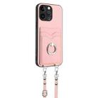 For iPhone 15 Pro Max R20 Crossbody Rope Ring Card Holder Phone Case(Pink) - 3