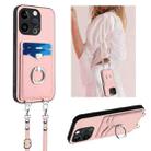 For iPhone 15 Pro R20 Crossbody Rope Ring Card Holder Phone Case(Pink) - 1