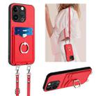 For iPhone 15 Pro R20 Crossbody Rope Ring Card Holder Phone Case(Red) - 1