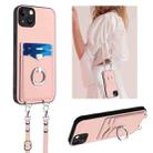 For iPhone 15 Plus R20 Crossbody Rope Ring Card Holder Phone Case(Pink) - 1