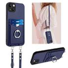 For iPhone 15 Plus R20 Crossbody Rope Ring Card Holder Phone Case(Blue) - 1