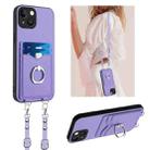 For iPhone 15 R20 Crossbody Rope Ring Card Holder Phone Case(Purple) - 1
