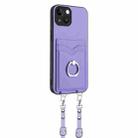 For iPhone 15 R20 Crossbody Rope Ring Card Holder Phone Case(Purple) - 3