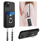 For iPhone 14 Plus R20 Crossbody Rope Ring Card Holder Phone Case(Black) - 1