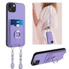 For iPhone 14 Plus R20 Crossbody Rope Ring Card Holder Phone Case(Purple) - 1