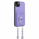 For iPhone 14 Plus R20 Crossbody Rope Ring Card Holder Phone Case(Purple) - 3