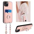 For iPhone 14 R20 Crossbody Rope Ring Card Holder Phone Case(Pink) - 1