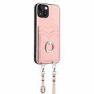 For iPhone 14 R20 Crossbody Rope Ring Card Holder Phone Case(Pink) - 3
