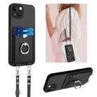 For iPhone 14 R20 Crossbody Rope Ring Card Holder Phone Case(Black) - 1