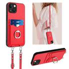 For iPhone 14 R20 Crossbody Rope Ring Card Holder Phone Case(Red) - 1