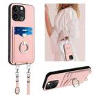 For iPhone 13 Pro R20 Crossbody Rope Ring Card Holder Phone Case(Pink) - 1