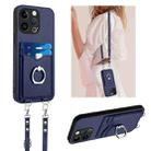 For iPhone 13 Pro R20 Crossbody Rope Ring Card Holder Phone Case(Blue) - 1
