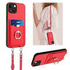 For iPhone 13 R20 Crossbody Rope Ring Card Holder Phone Case(Red) - 1