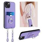 For iPhone 13 R20 Crossbody Rope Ring Card Holder Phone Case(Purple) - 1