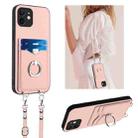 For iPhone 12 R20 Crossbody Rope Ring Card Holder Phone Case(Pink) - 1