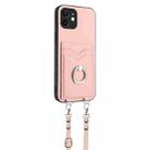 For iPhone 12 R20 Crossbody Rope Ring Card Holder Phone Case(Pink) - 3