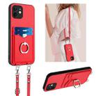 For iPhone 12 R20 Crossbody Rope Ring Card Holder Phone Case(Red) - 1