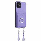 For iPhone 12 R20 Crossbody Rope Ring Card Holder Phone Case(Purple) - 3