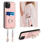 For iPhone 12 Pro Max R20 Crossbody Rope Ring Card Holder Phone Case(Pink) - 1