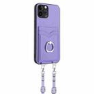 For iPhone 12 Pro R20 Crossbody Rope Ring Card Holder Phone Case(Purple) - 3