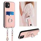 For iPhone 11 R20 Crossbody Rope Ring Card Holder Phone Case(Pink) - 1