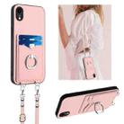 For iPhone XR R20 Crossbody Rope Ring Card Holder Phone Case(Pink) - 1