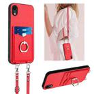 For iPhone XR R20 Crossbody Rope Ring Card Holder Phone Case(Red) - 1