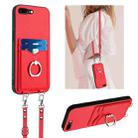 For iPhone 8 Plus / 7 Plus R20 Crossbody Rope Ring Card Holder Phone Case(Red) - 1