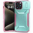 For iPhone 15 Pro Sliding Camshield Phone Case(Grey Green + Pink) - 1