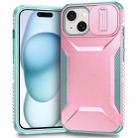 For iPhone 15 Plus Sliding Camshield Phone Case(Pink + Grey Green) - 1
