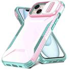 For iPhone 15 Plus Sliding Camshield Phone Case(Pink + Grey Green) - 2