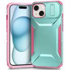 For iPhone 15 Plus Sliding Camshield Phone Case(Grey Green + Pink) - 1