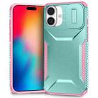 For iPhone 16 Plus Sliding Camshield Phone Case(Grey Green + Pink) - 1