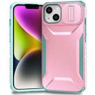 For iPhone 14 / 13 Sliding Camshield Phone Case(Pink + Grey Green) - 1