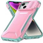 For iPhone 14 / 13 Sliding Camshield Phone Case(Pink + Grey Green) - 2