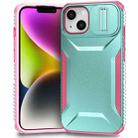 For iPhone 14 / 13 Sliding Camshield Phone Case(Grey Green + Pink) - 1