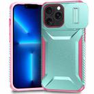 For iPhone 13 Pro Sliding Camshield Phone Case(Grey Green + Pink) - 1