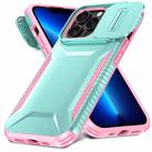 For iPhone 13 Pro Sliding Camshield Phone Case(Grey Green + Pink) - 2