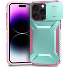 For iPhone 14 Pro Sliding Camshield Phone Case(Grey Green + Pink) - 1