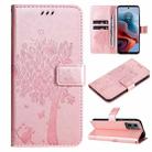 For Motorola Moto G34 Tree & Cat Embossed Pattern Flip Leather Phone Case(Rose Gold) - 1