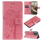 For Motorola Edge 50 5G Tree & Cat Embossed Pattern Flip Leather Phone Case(Pink) - 1