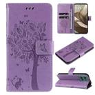 For Motorola Edge 50 5G Tree & Cat Embossed Pattern Flip Leather Phone Case(Light Purple) - 1