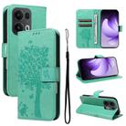 For OPPO Reno13 Pro 5G Global Tree & Cat Embossed Pattern Flip Leather Phone Case(Green) - 1