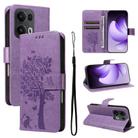 For OPPO Reno13 Pro 5G Global Tree & Cat Embossed Pattern Flip Leather Phone Case(Light Purple) - 1