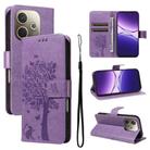 For OPPO A5 Pro 5G Global Tree & Cat Embossed Pattern Flip Leather Phone Case(Light Purple) - 1