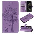 For Huawei nova 12 SE / nova 11 SE Tree & Cat Embossed Pattern Flip Leather Phone Case(Light Purple) - 1