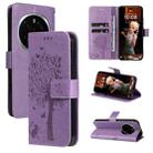 For Honor Magic7 Pro Tree & Cat Embossed Pattern Flip Leather Phone Case(Light Purple) - 1