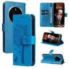 For Honor Magic7 Pro Tree & Cat Embossed Pattern Flip Leather Phone Case(Blue) - 1